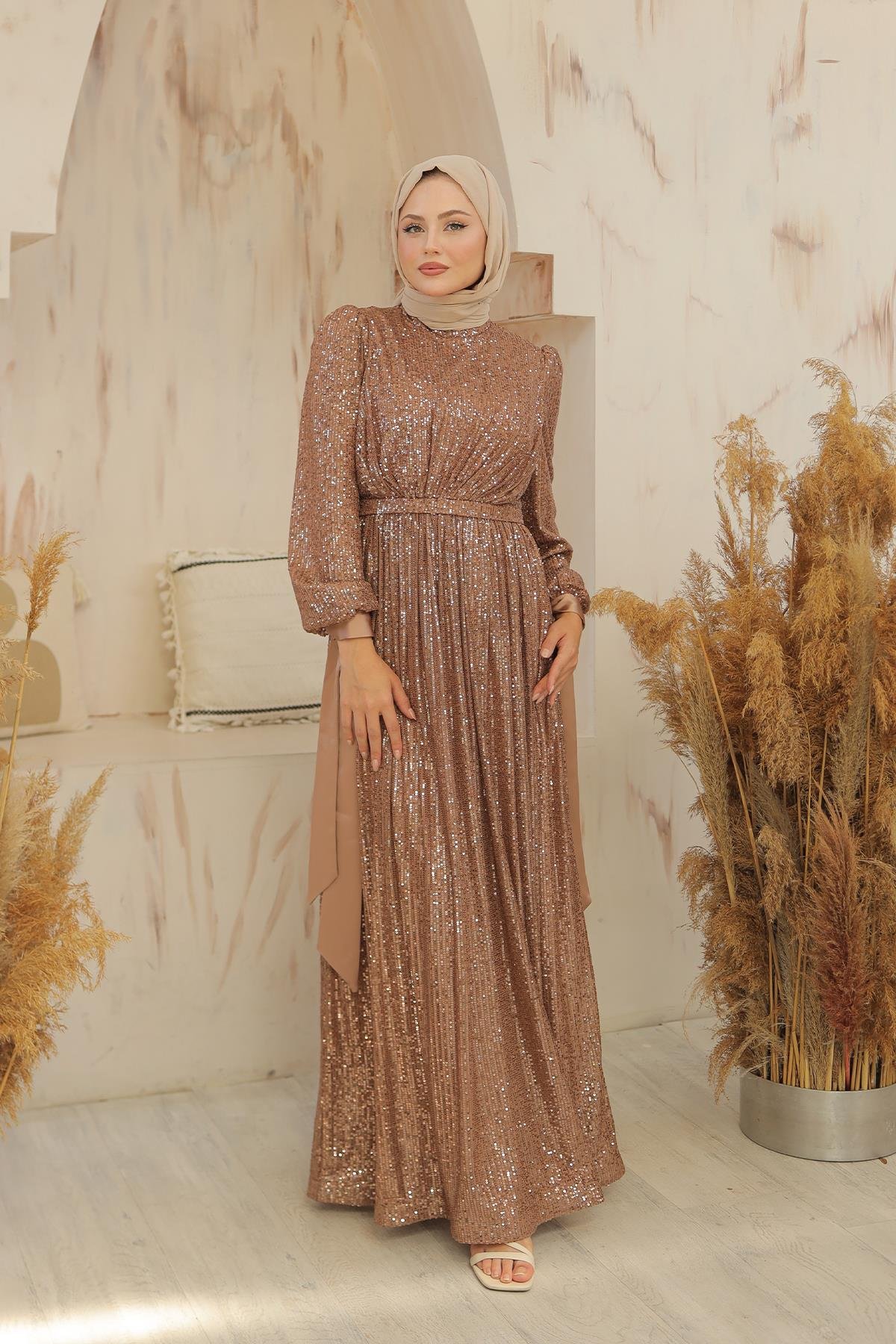 Tesettür Arven Payetli Abiye CamelLP6108