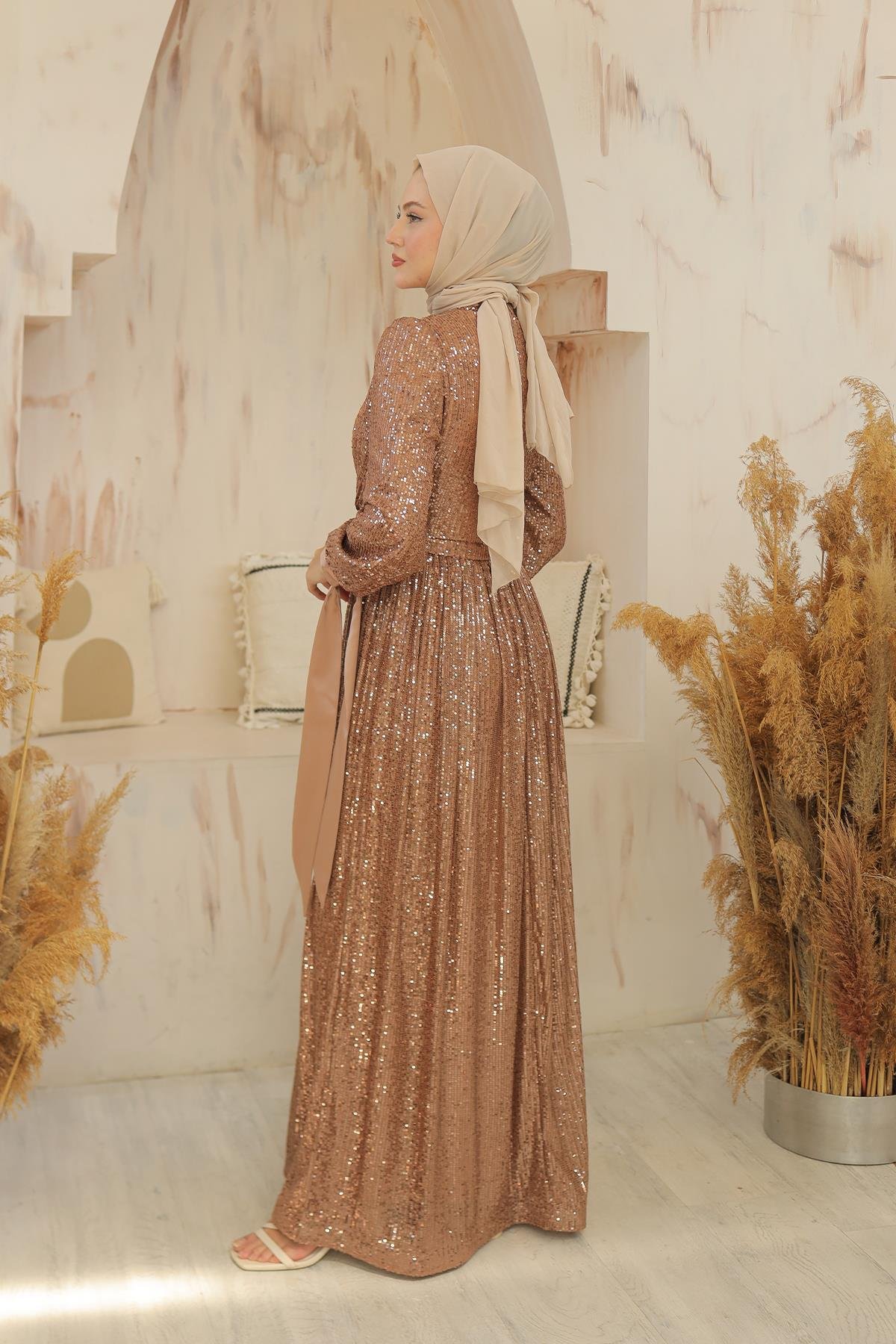 Tesettür Arven Payetli Abiye CamelLP6108