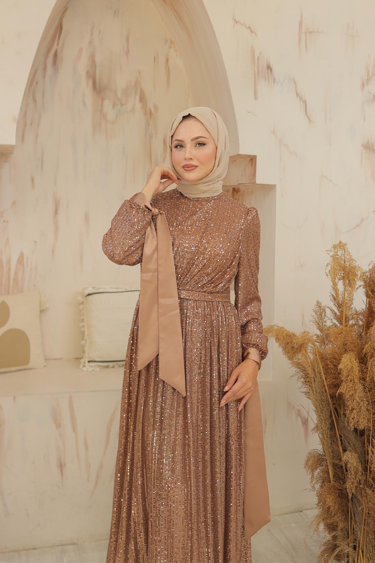 Tesettür Arven Payetli Abiye CamelLP6108