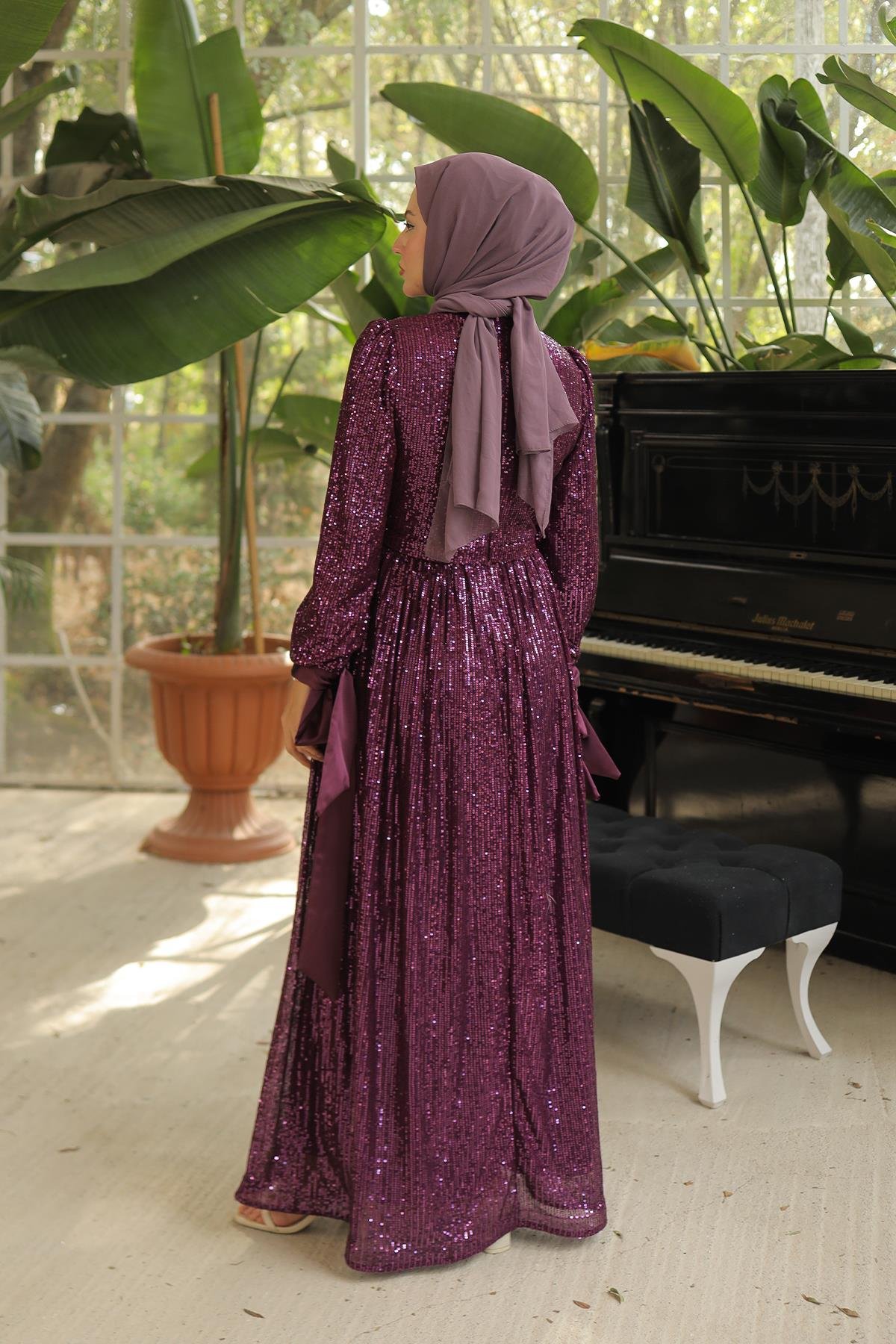 Tesettür Arven Payetli Abiye FuşyaLP6108
