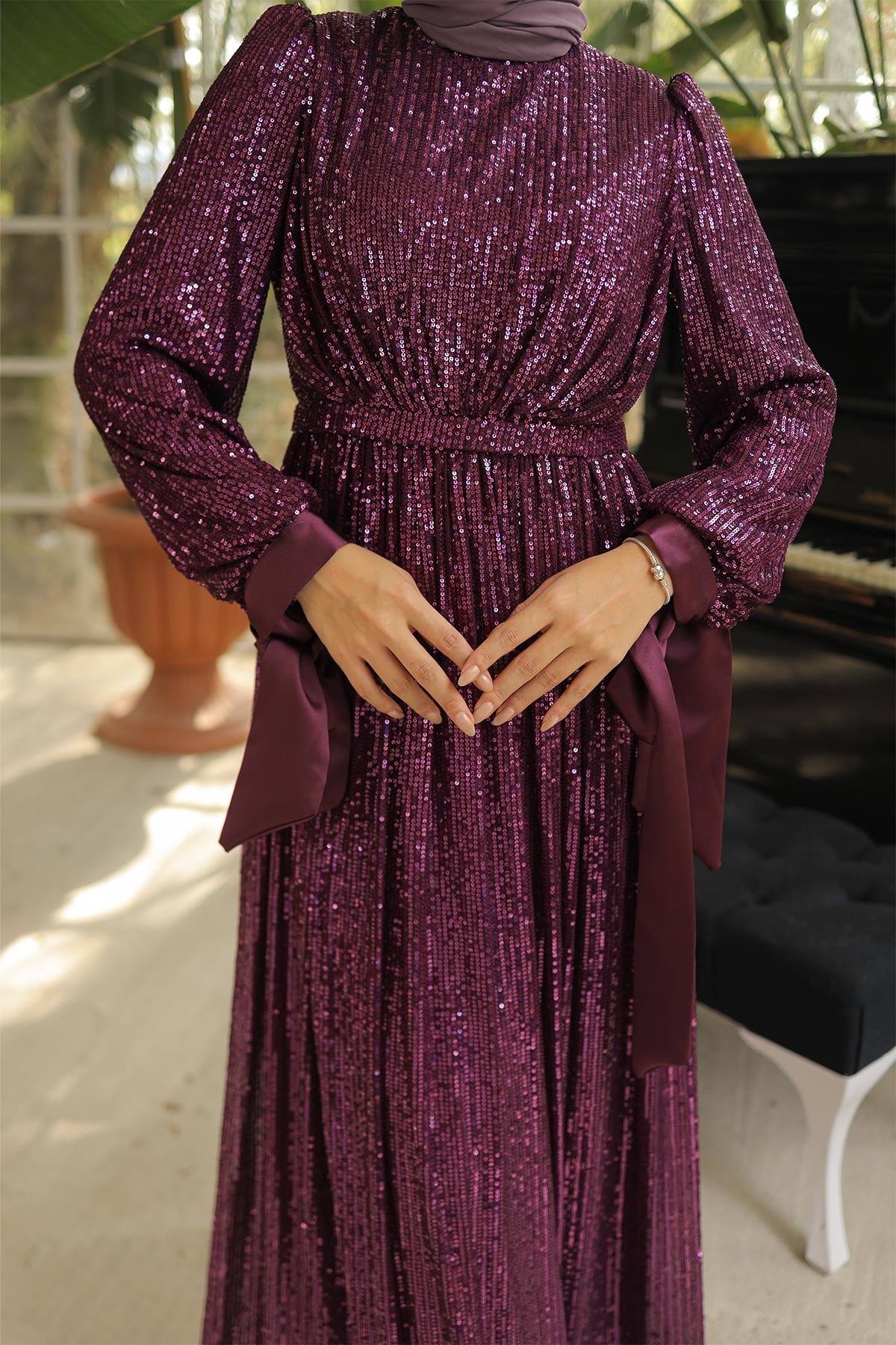 Tesettür Arven Payetli Abiye FuşyaLP6108