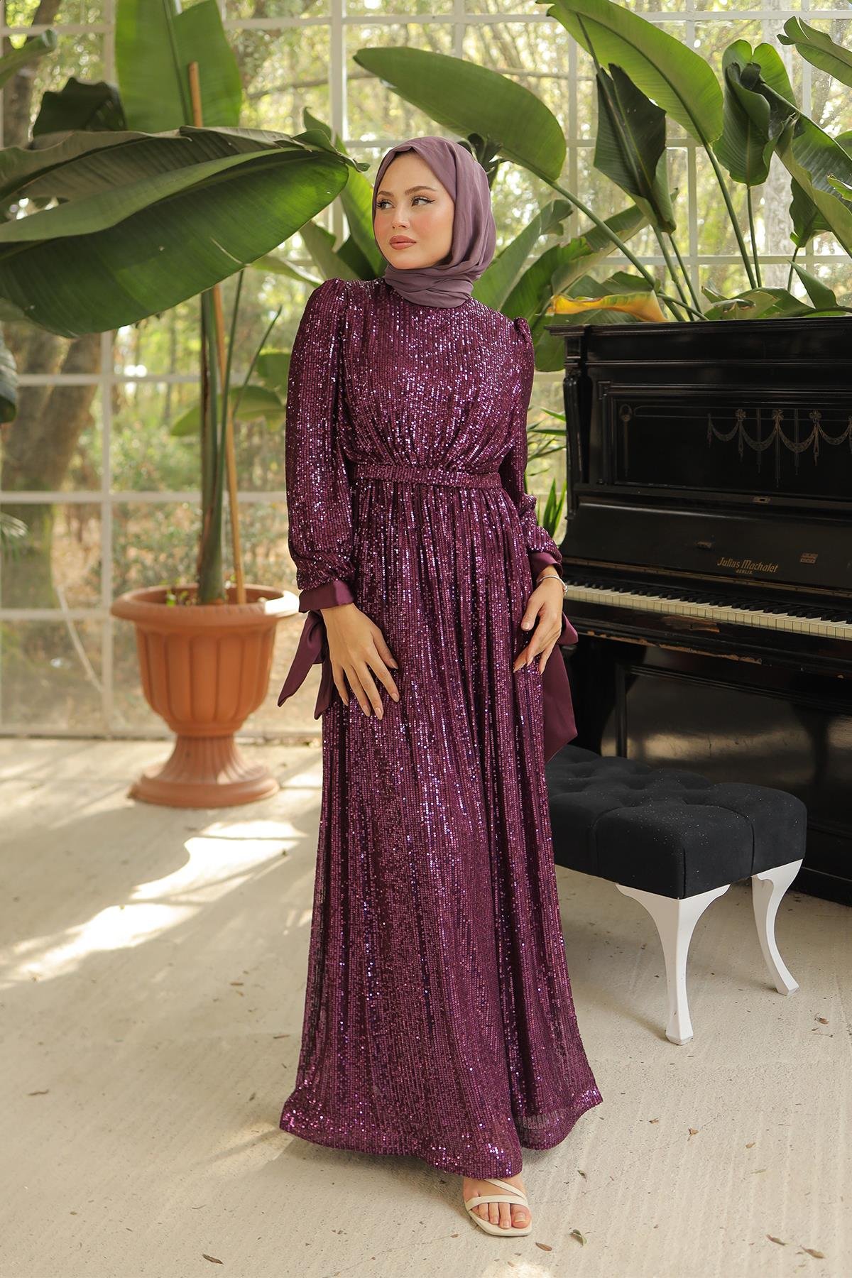 Tesettür Arven Payetli Abiye FuşyaLP6108