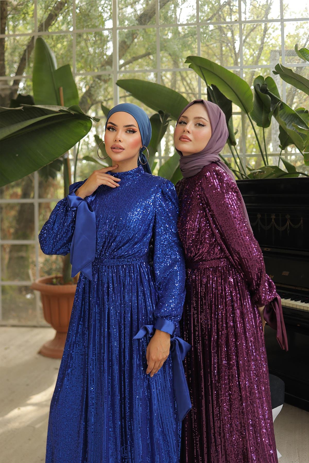 Tesettür Arven Payetli Abiye FuşyaLP6108