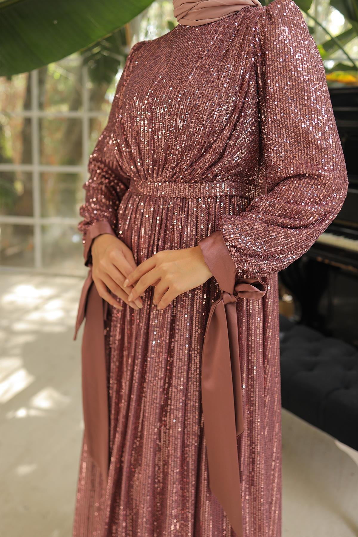 Tesettür Arven Payetli Abiye GülLP6108