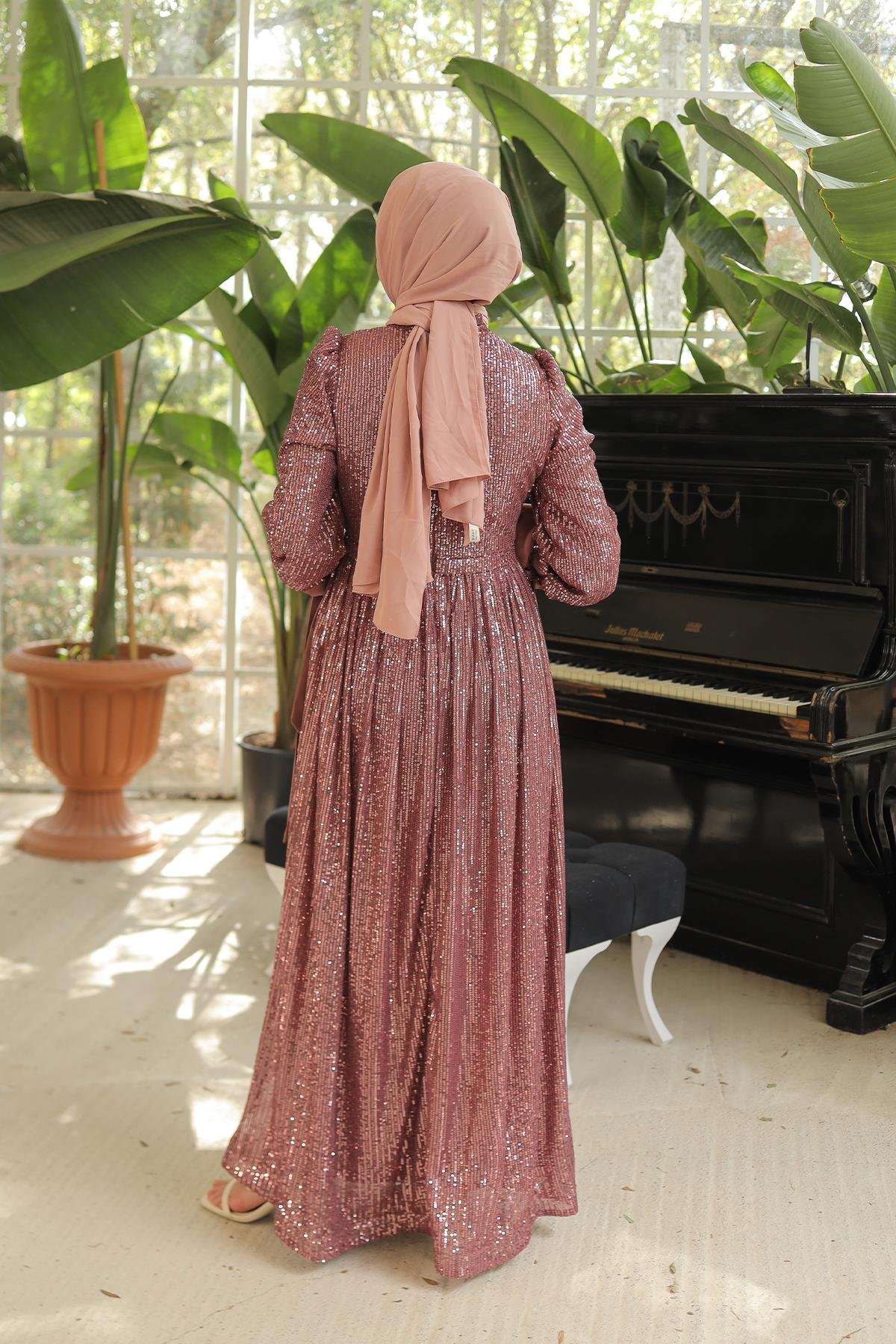 Tesettür Arven Payetli Abiye GülLP6108