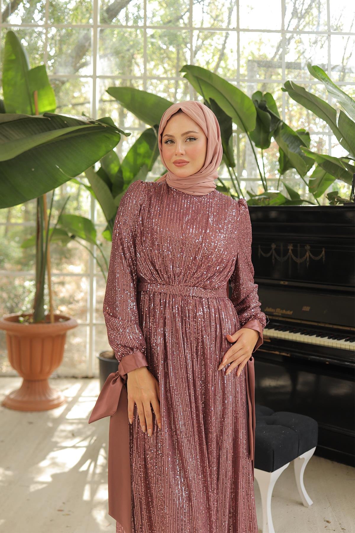 Tesettür Arven Payetli Abiye GülLP6108