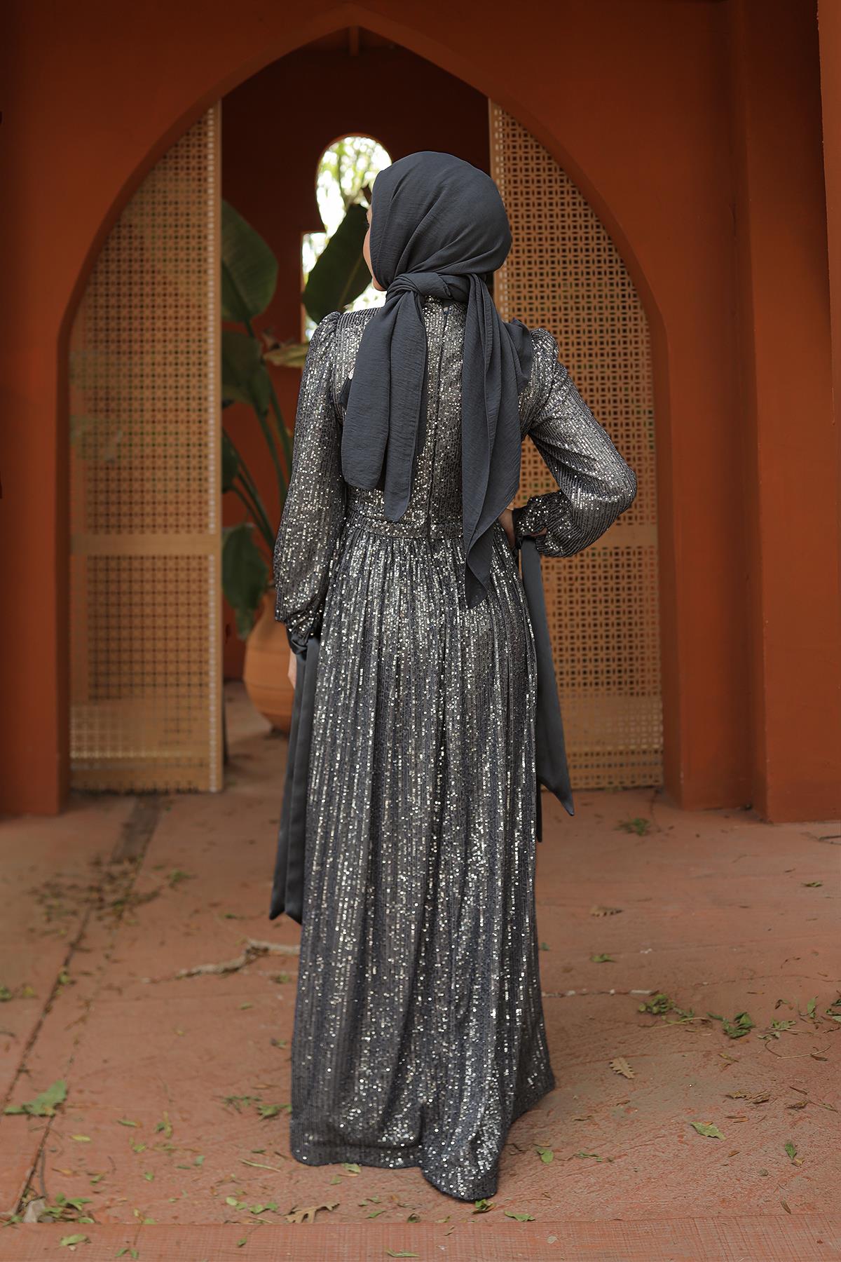 Tesettür Arven Payetli Abiye GümüşLP6108