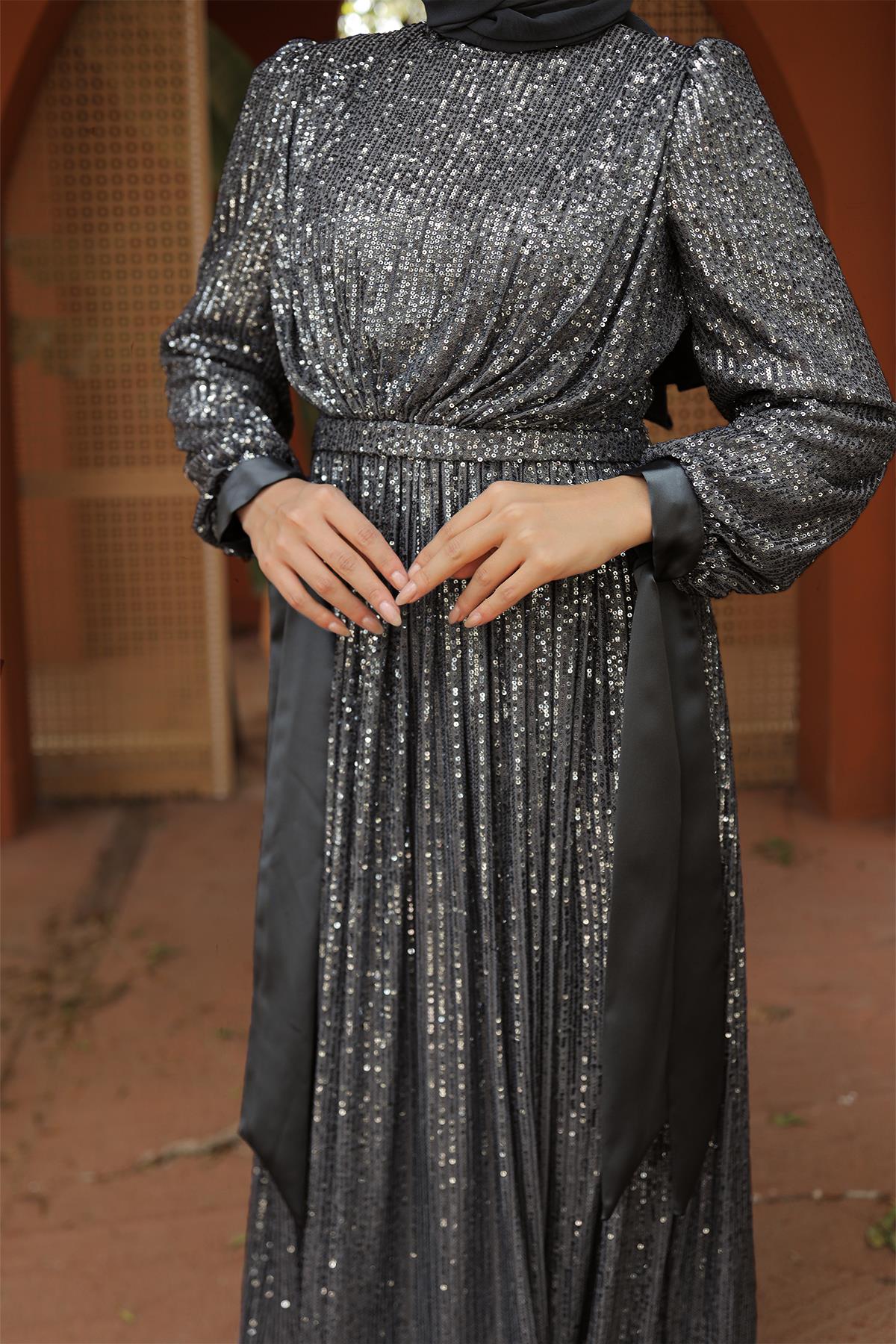 Tesettür Arven Payetli Abiye GümüşLP6108