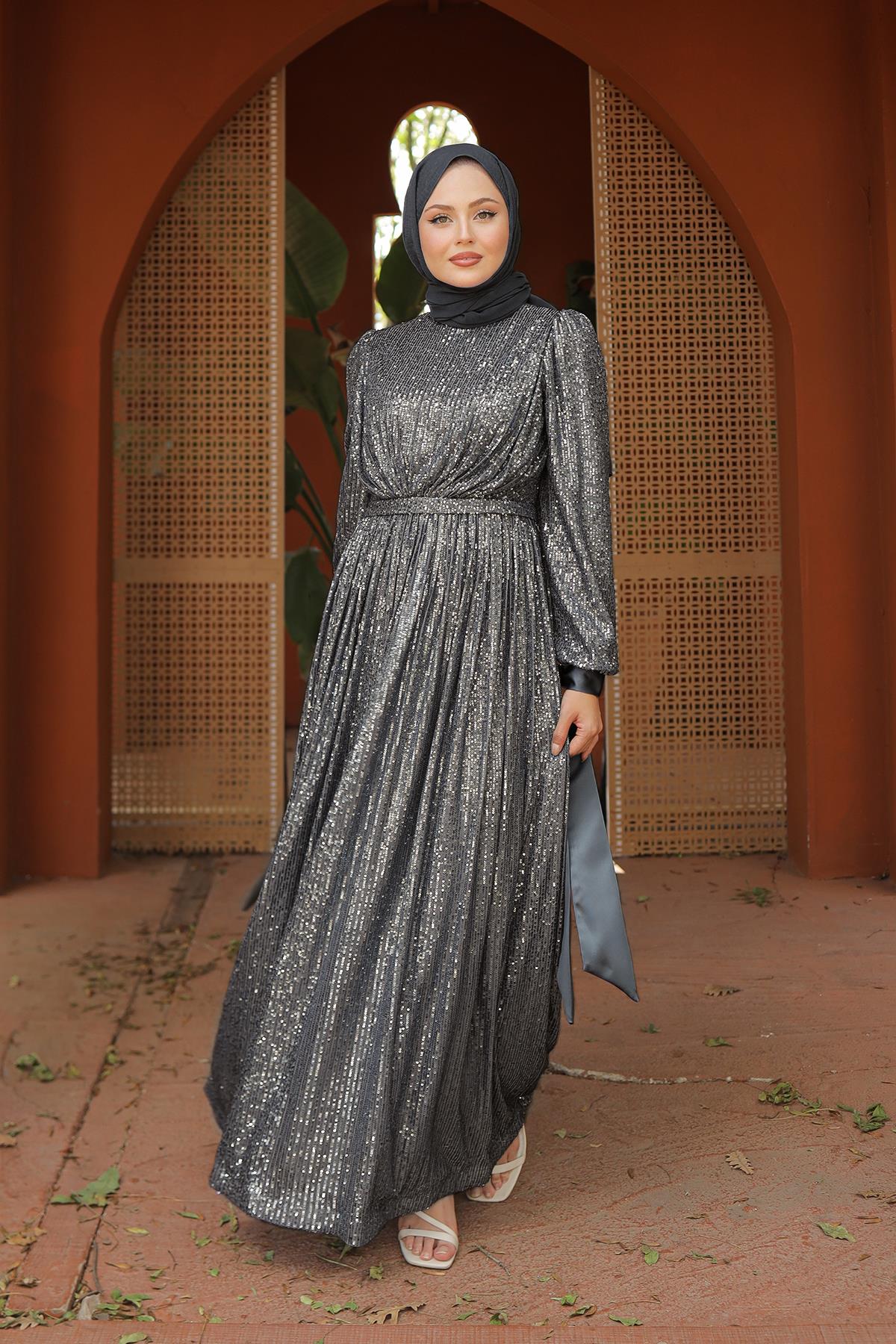 Tesettür Arven Payetli Abiye GümüşLP6108