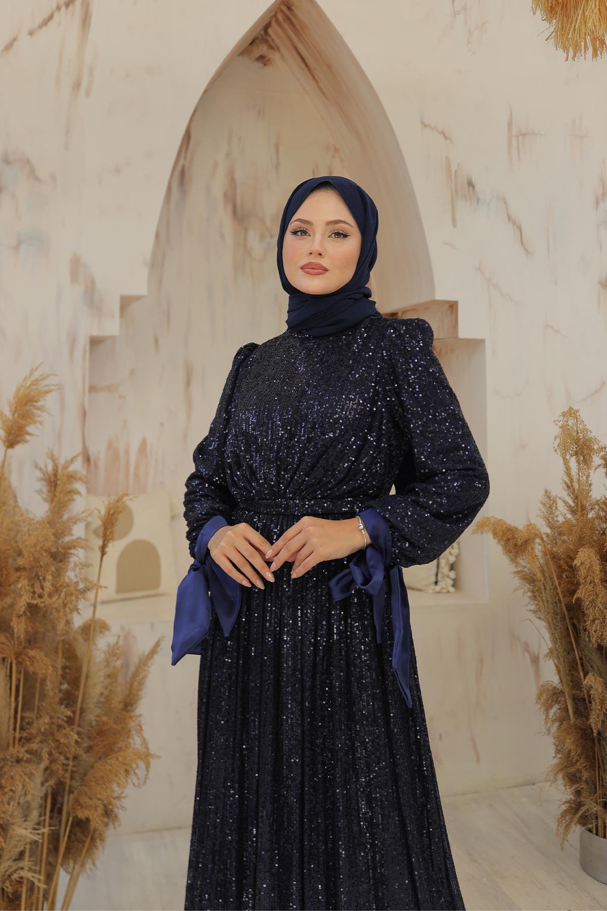 Tesettür Arven Payetli Abiye LacivertLP6108