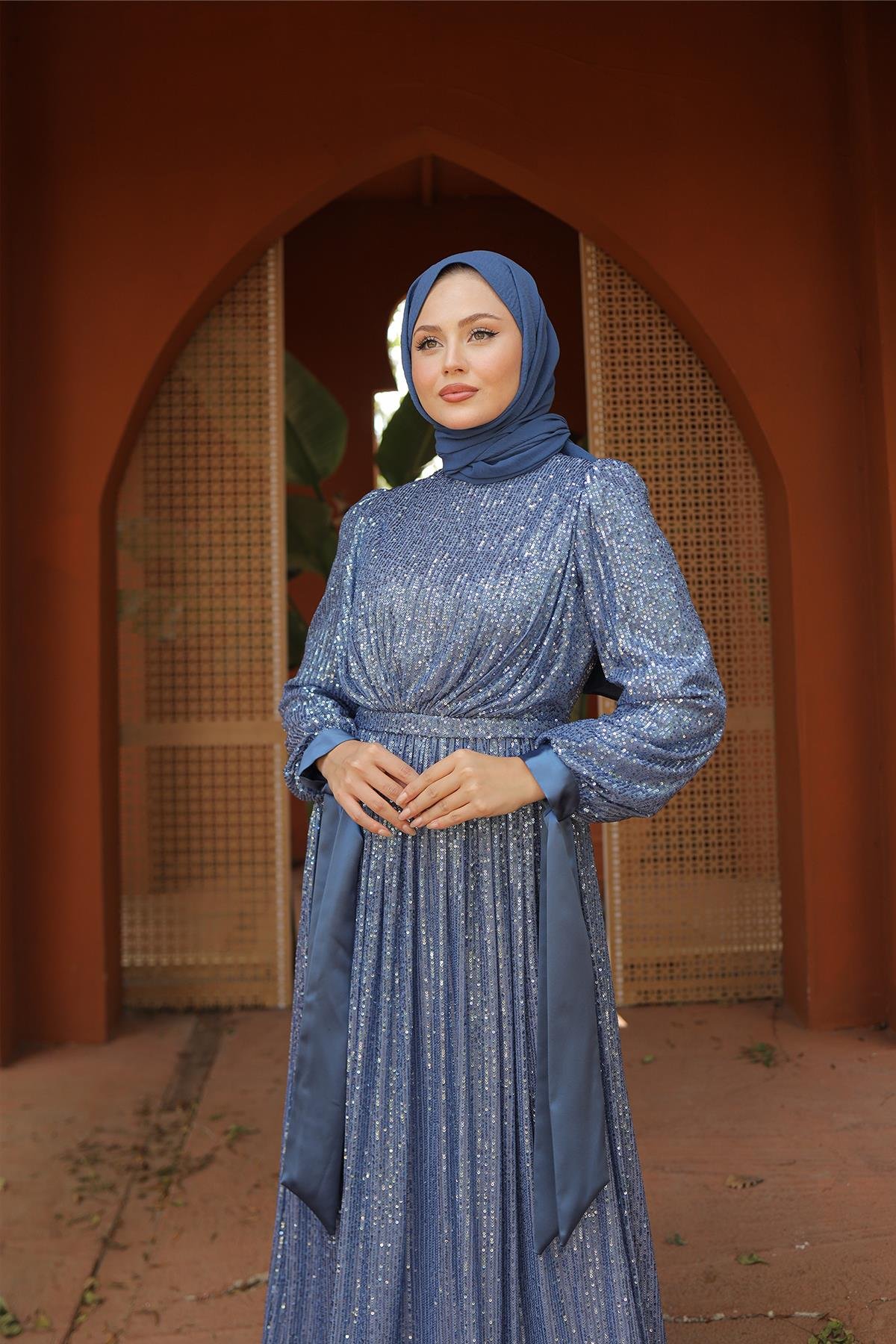 Tesettür Arven Payetli Abiye MaviLP6108