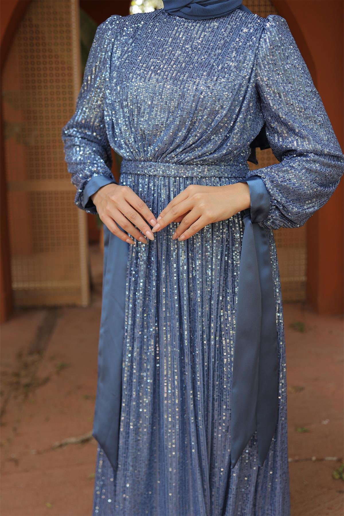 Tesettür Arven Payetli Abiye MaviLP6108