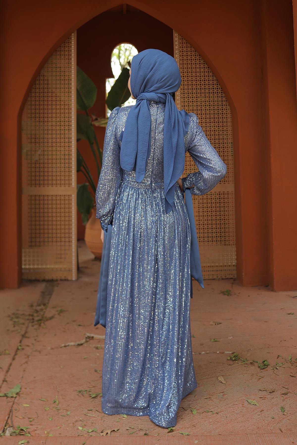 Tesettür Arven Payetli Abiye MaviLP6108