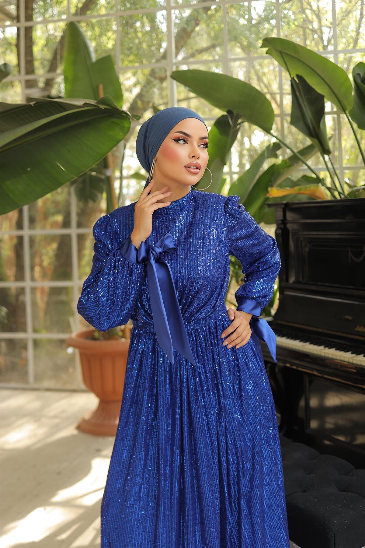 Tesettür Arven Payetli Abiye Saks MavisiLP6108