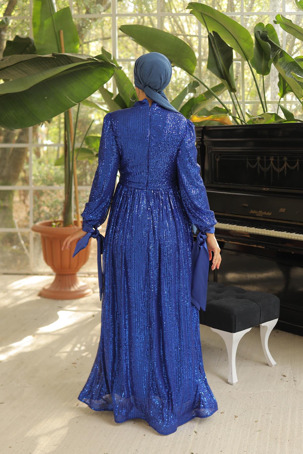 Tesettür Arven Payetli Abiye Saks MavisiLP6108