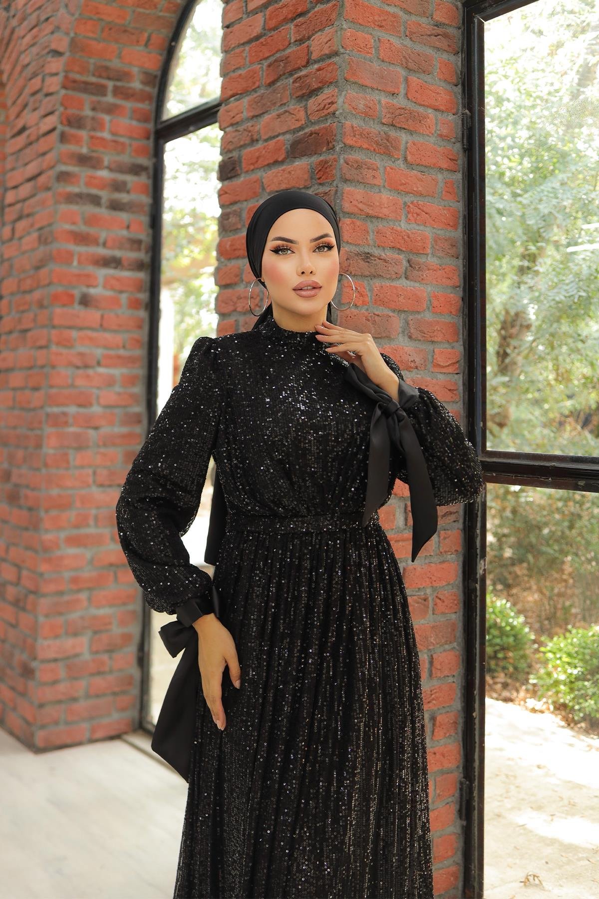 Tesettür Arven Payetli Abiye SiyahLP6108