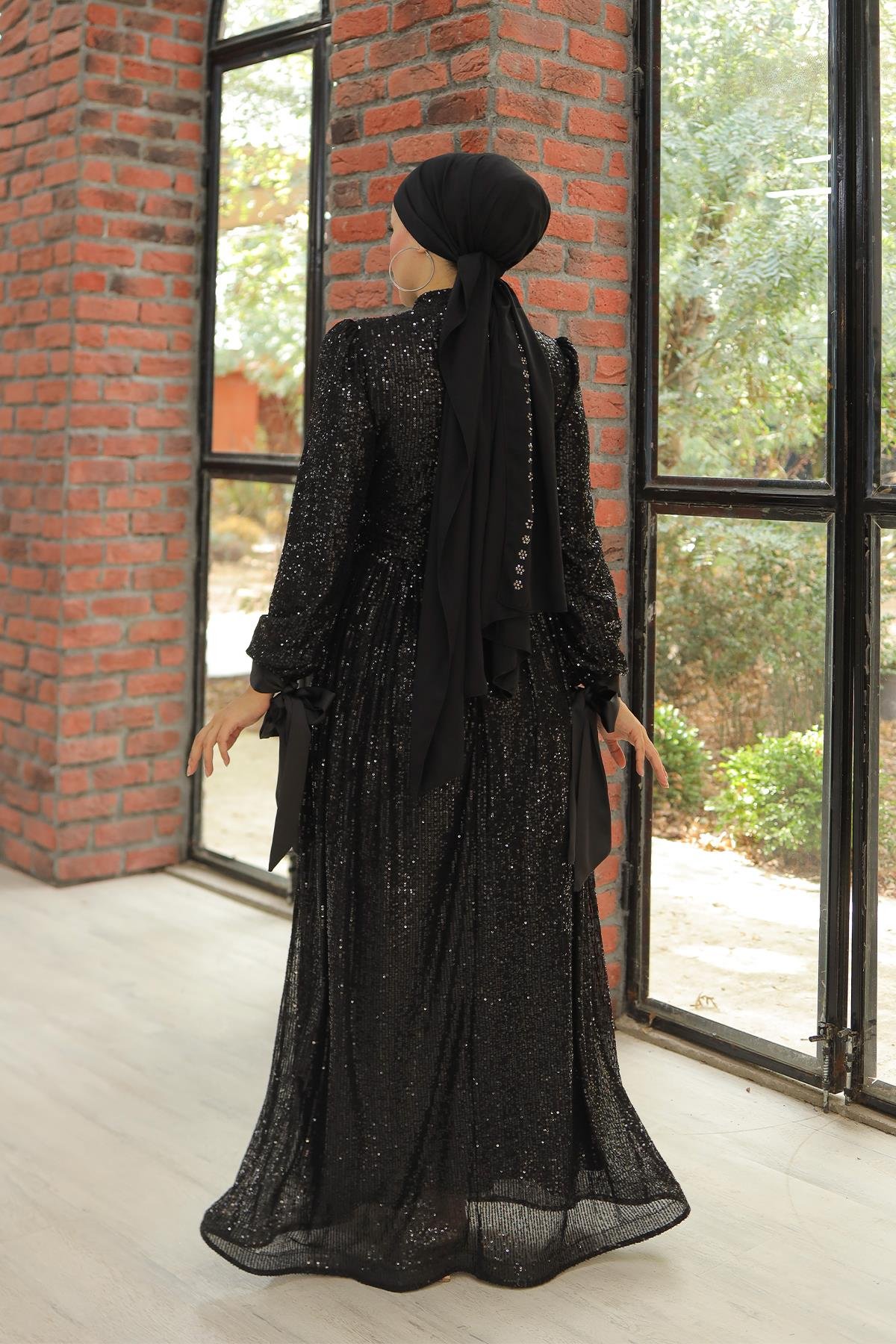 Tesettür Arven Payetli Abiye SiyahLP6108