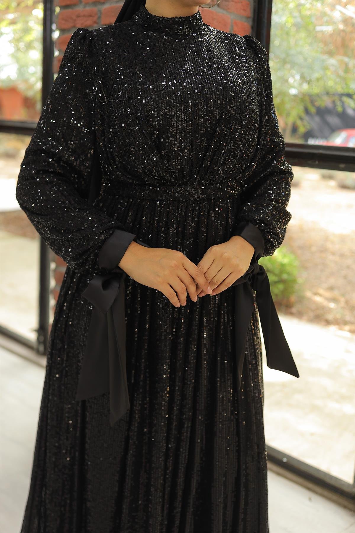 Tesettür Arven Payetli Abiye SiyahLP6108