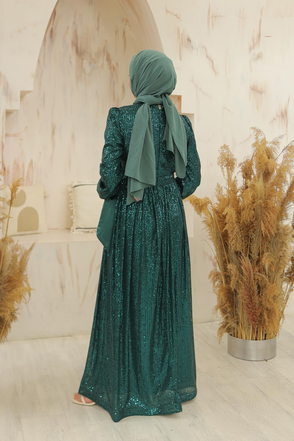 Tesettür Arven Payetli Abiye Zümrüt YeşiliLP6108
