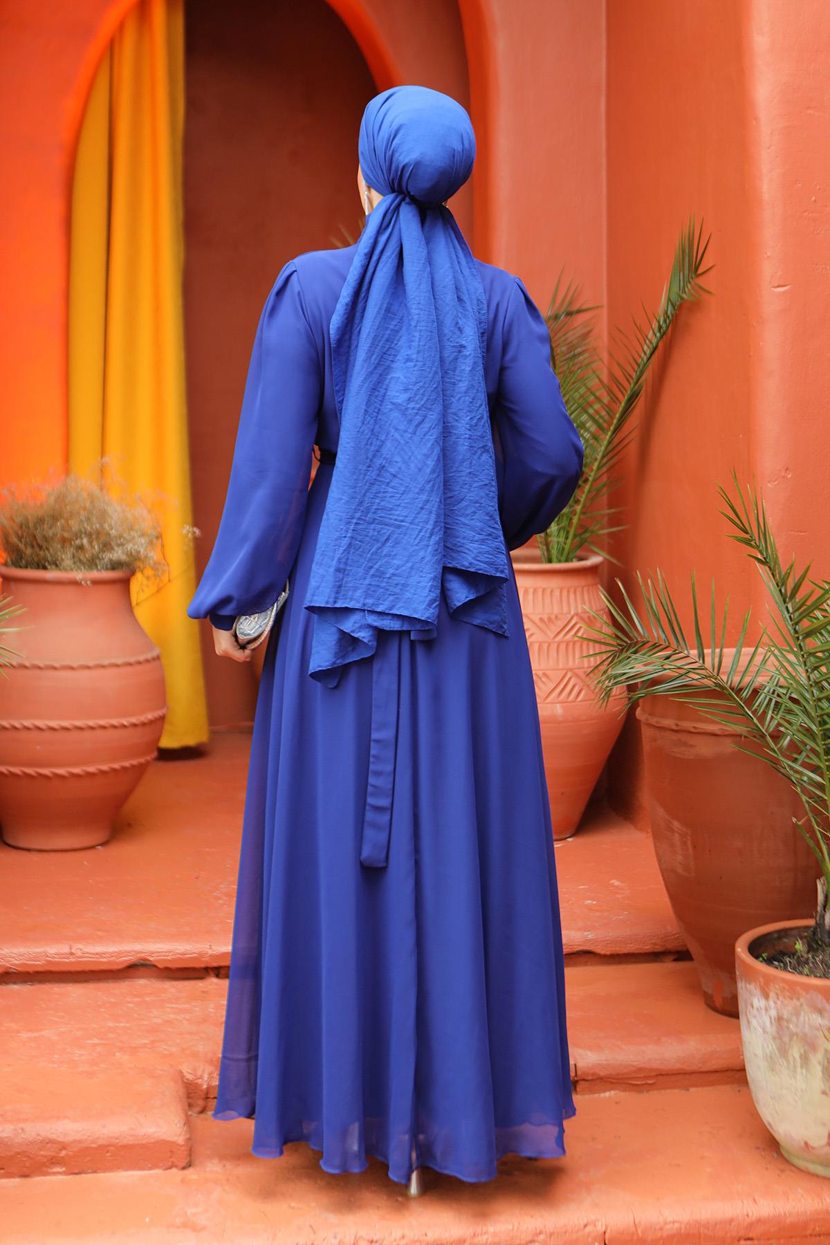 Tesettür Asel Şifon Abiye Gece MavisiLP6040