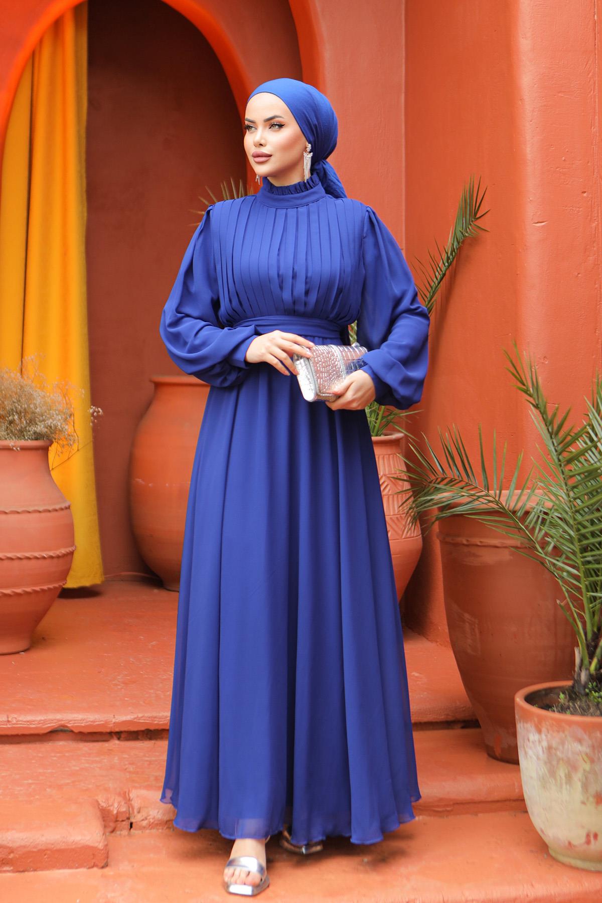Tesettür Asel Şifon Abiye Gece MavisiLP6040