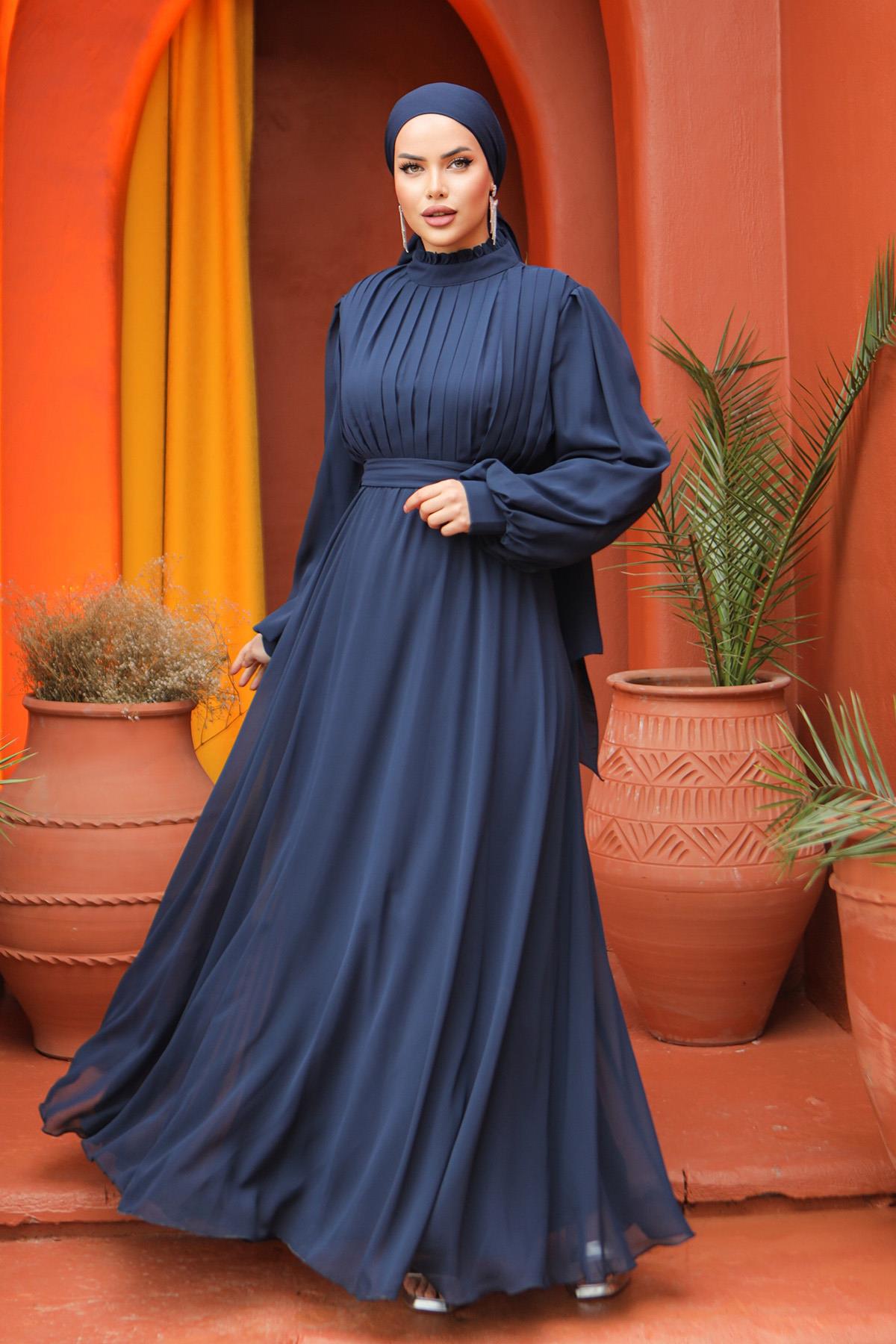Tesettür Asel Şifon Abiye LacivertLP6040