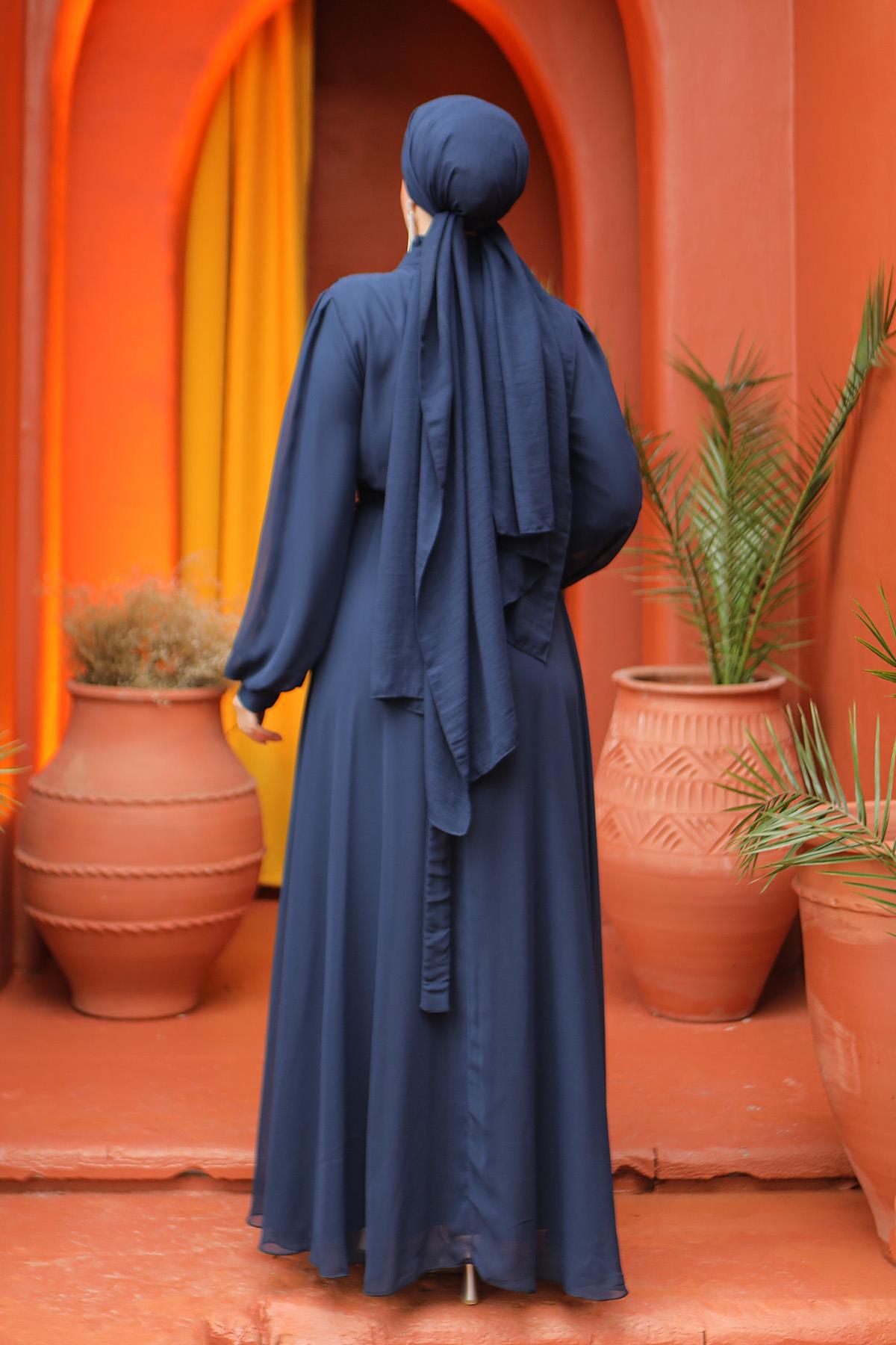 Tesettür Asel Şifon Abiye LacivertLP6040