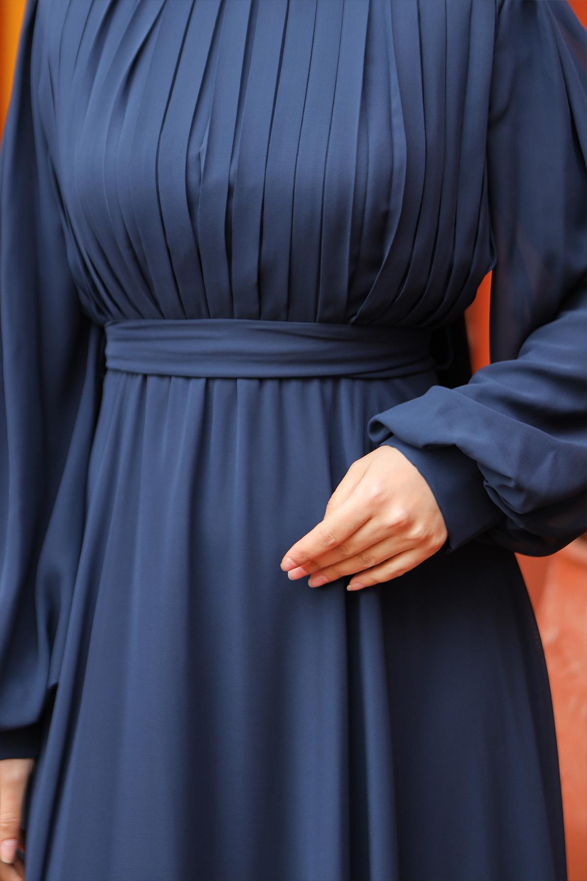 Tesettür Asel Şifon Abiye LacivertLP6040