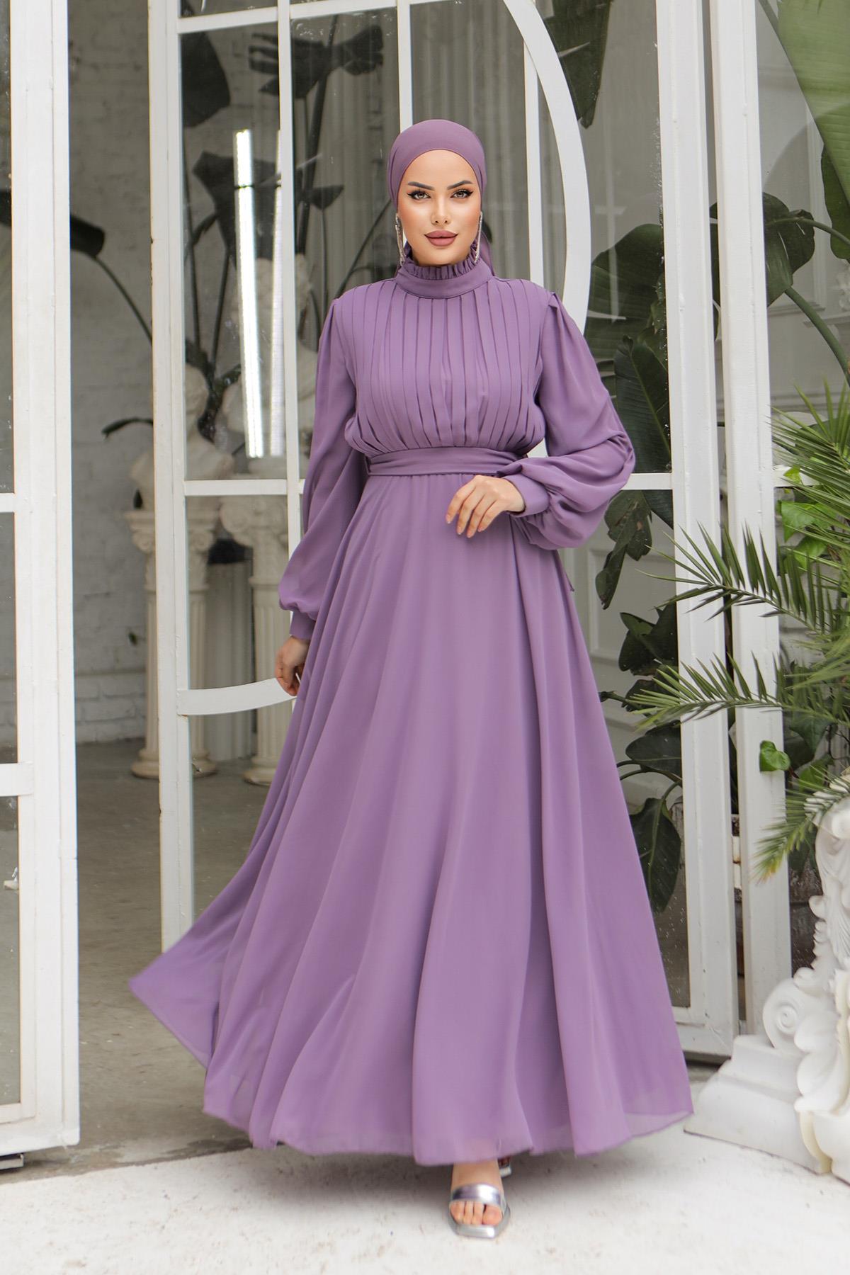 Tesettür Asel Şifon Abiye LilaLP6040