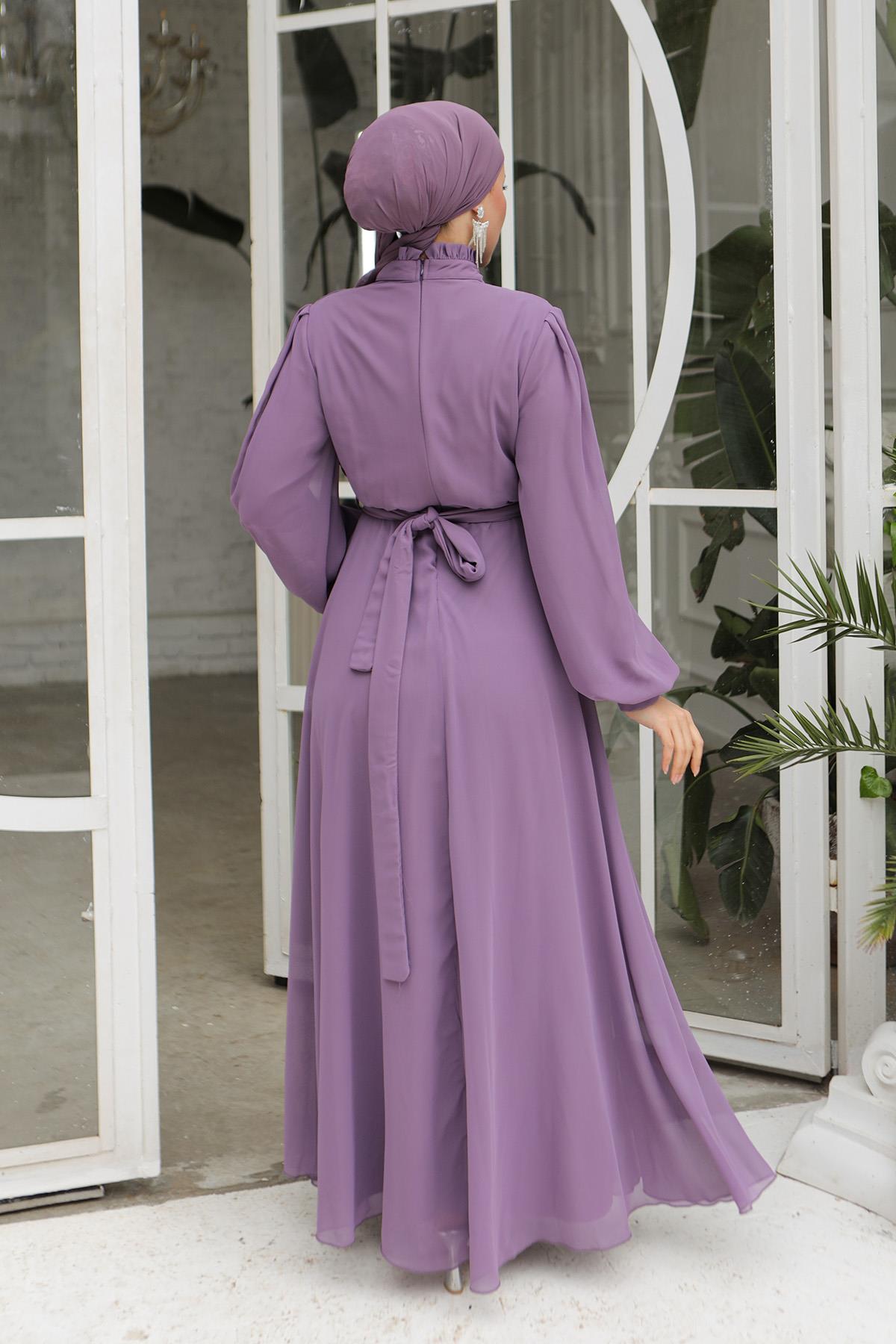 Tesettür Asel Şifon Abiye LilaLP6040