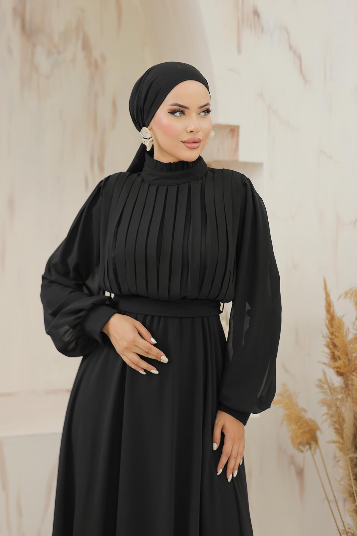 Tesettür Asel Şifon Abiye SiyahLP6040