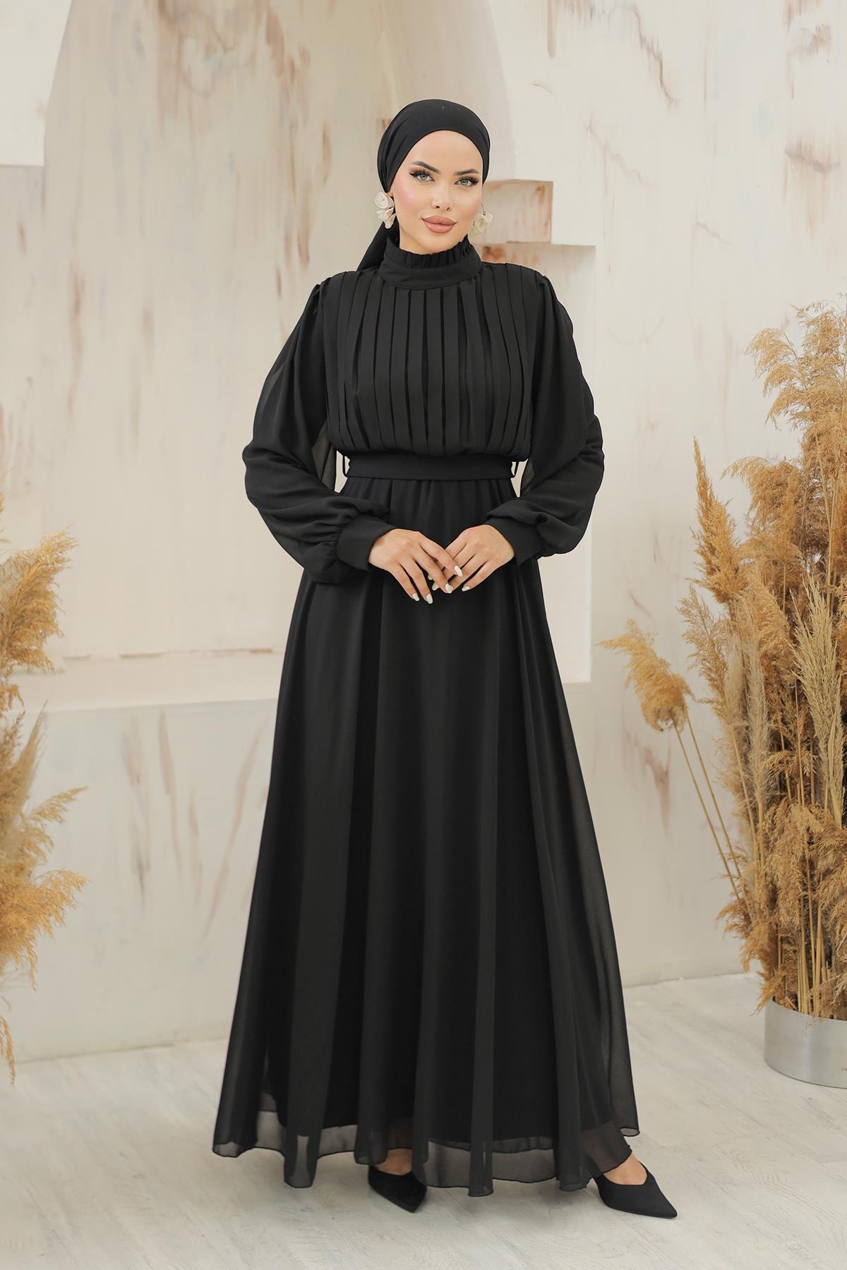 Tesettür Asel Şifon Abiye SiyahLP6040