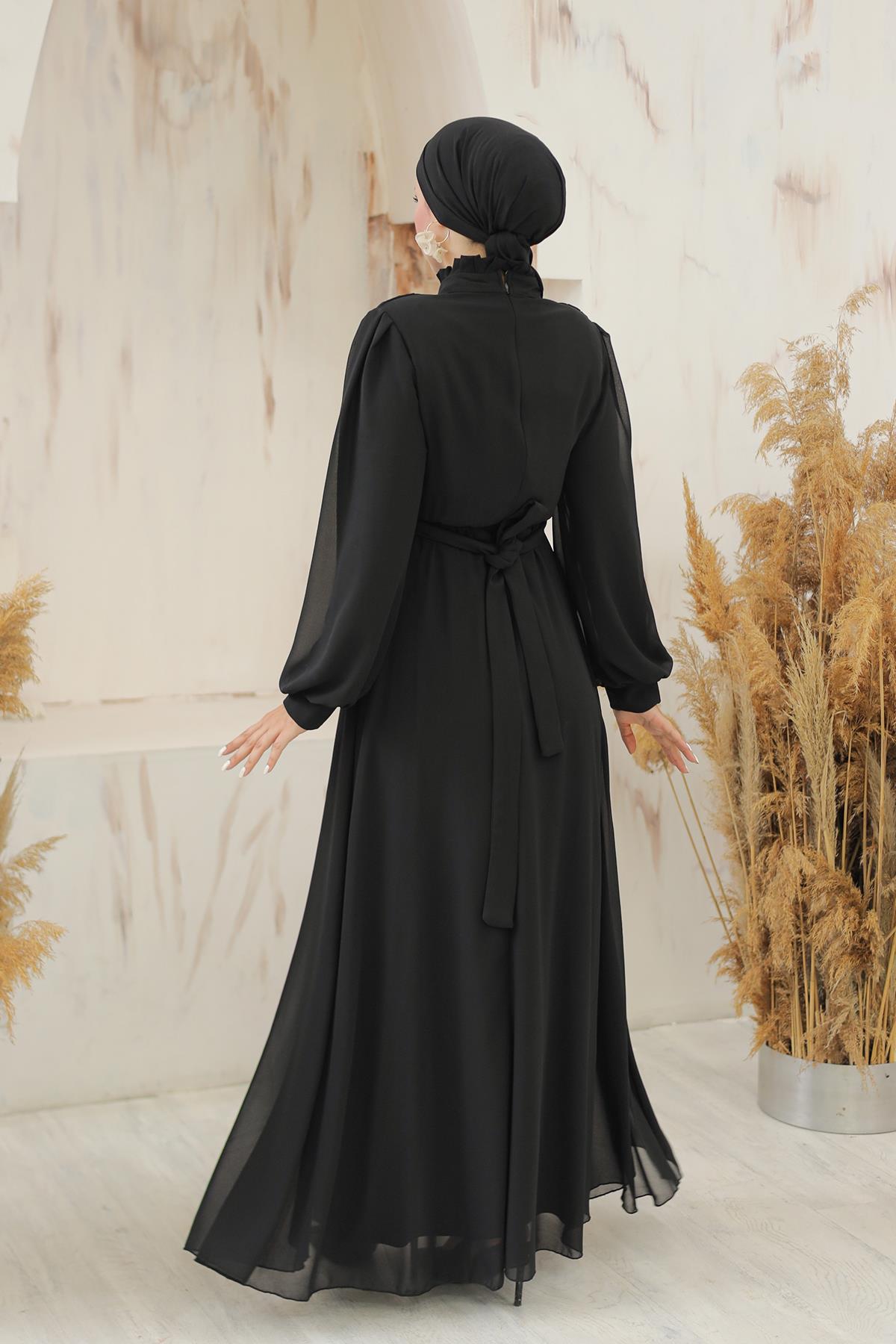 Tesettür Asel Şifon Abiye SiyahLP6040