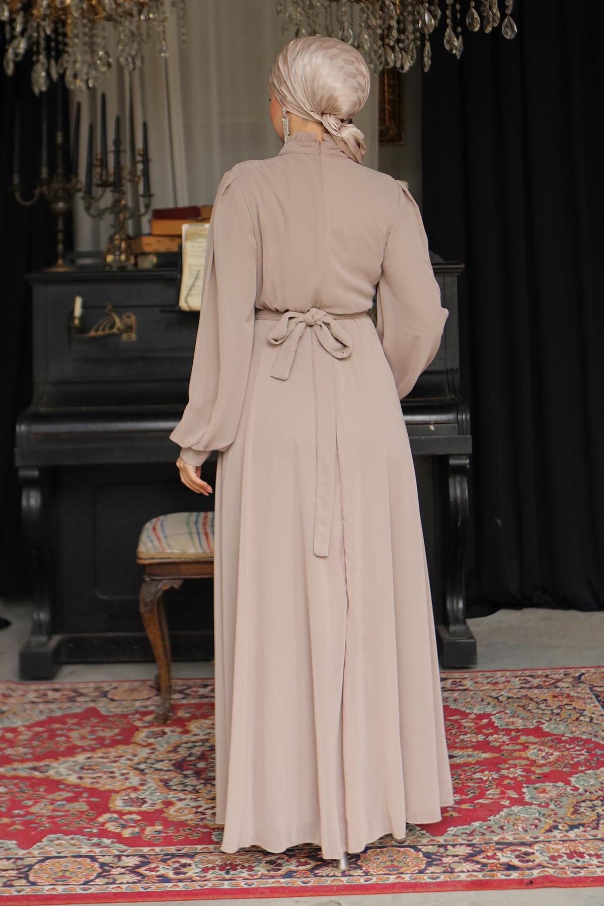 Tesettür Asel Şifon Abiye VizonLP6040