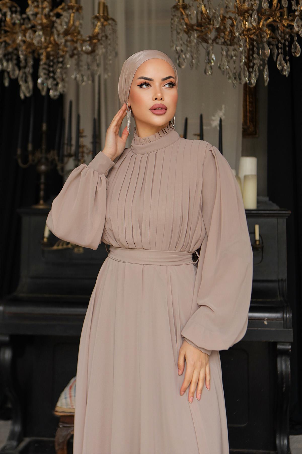 Tesettür Asel Şifon Abiye VizonLP6040