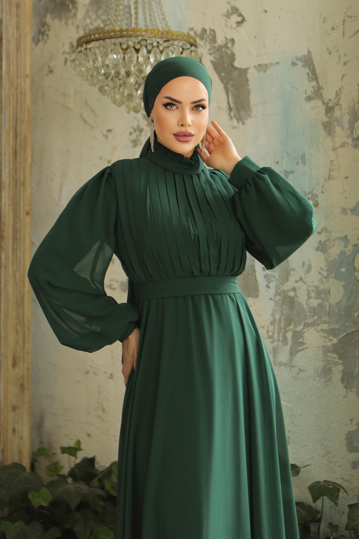 Tesettür Asel Şifon Abiye Zümrüt YeşiliLP6040