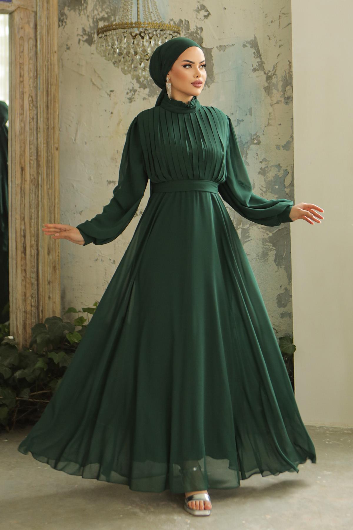 Tesettür Asel Şifon Abiye Zümrüt YeşiliLP6040