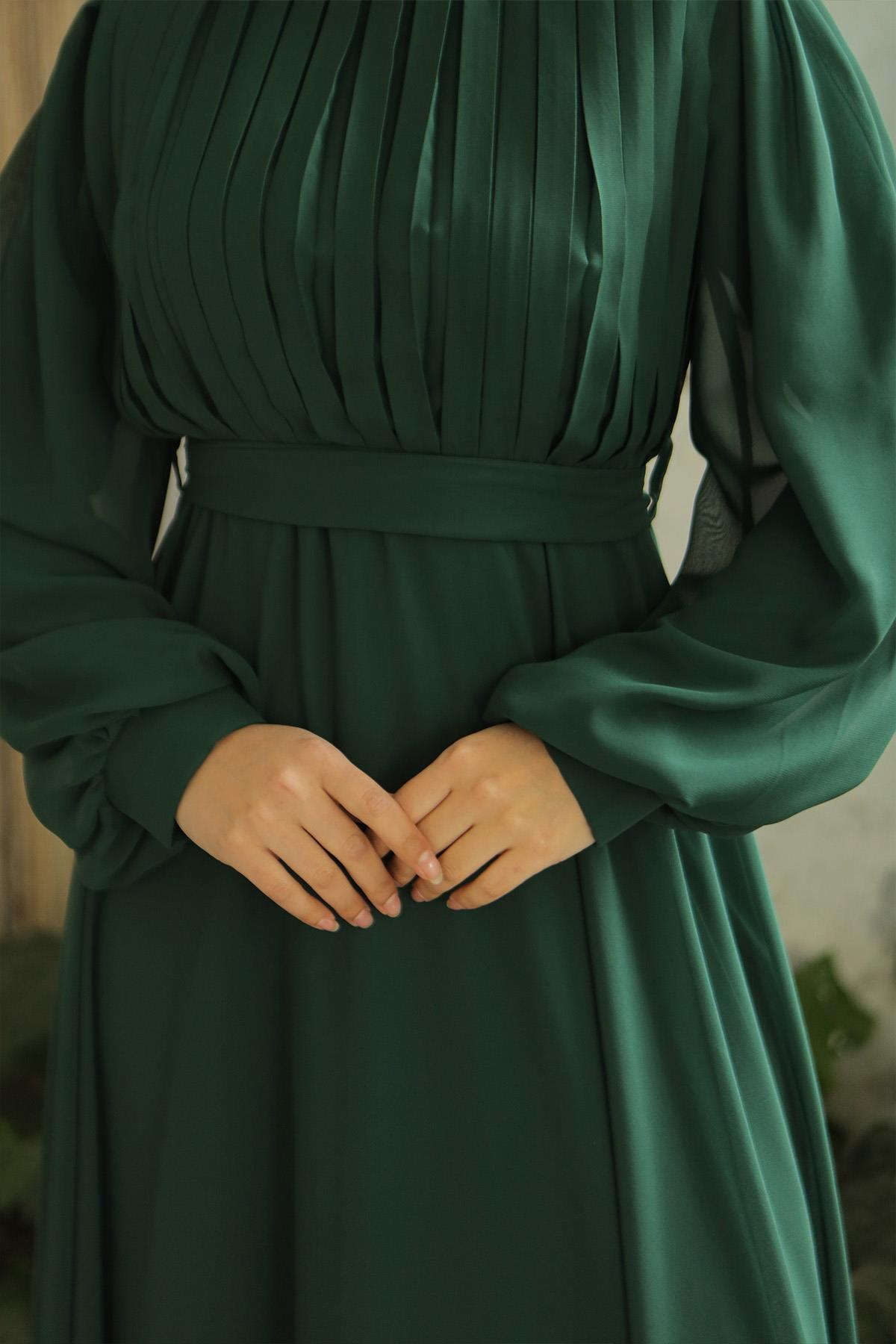 Tesettür Asel Şifon Abiye Zümrüt YeşiliLP6040