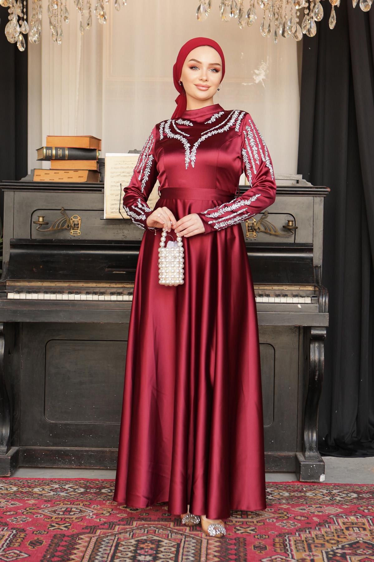 Tesettür Asil Saten Abiye BordoLP6032