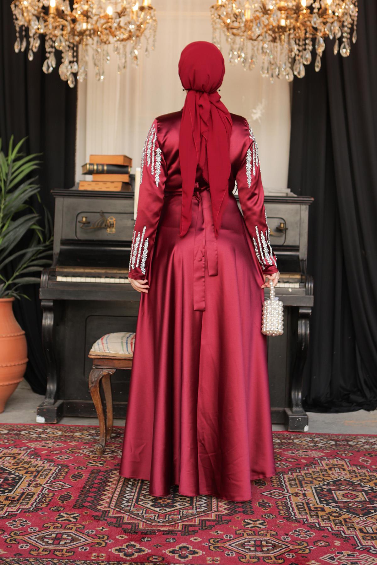 Tesettür Asil Saten Abiye BordoLP6032