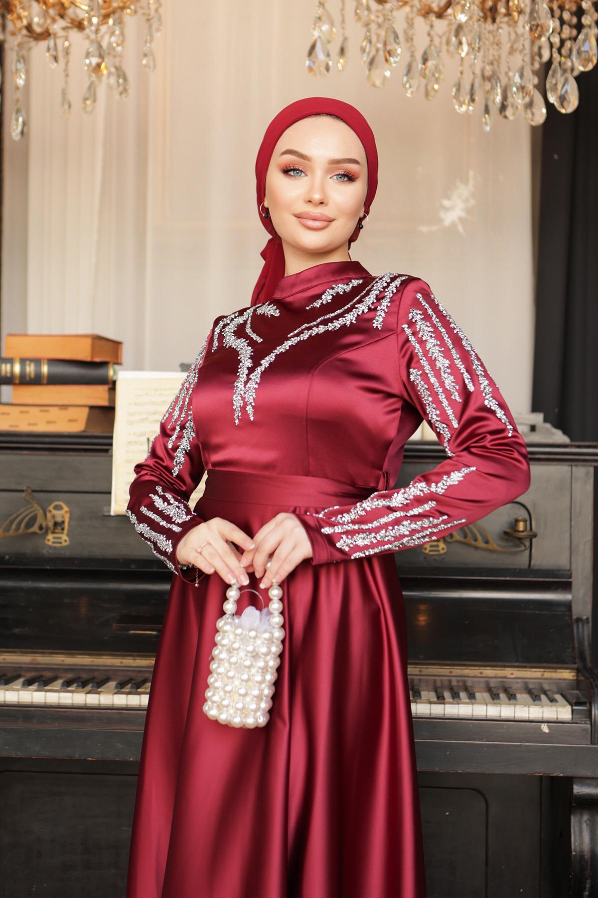 Tesettür Asil Saten Abiye BordoLP6032