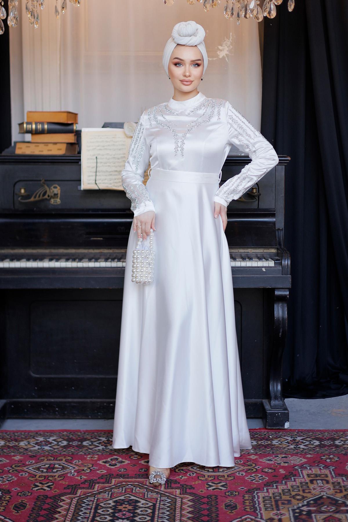 Tesettür Asil Saten Abiye EkruLP6032