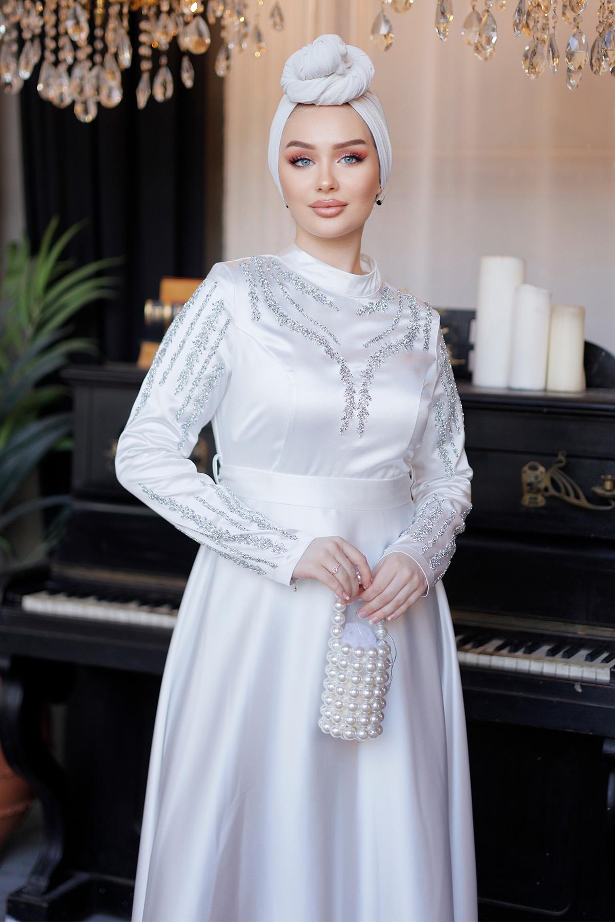 Tesettür Asil Saten Abiye EkruLP6032