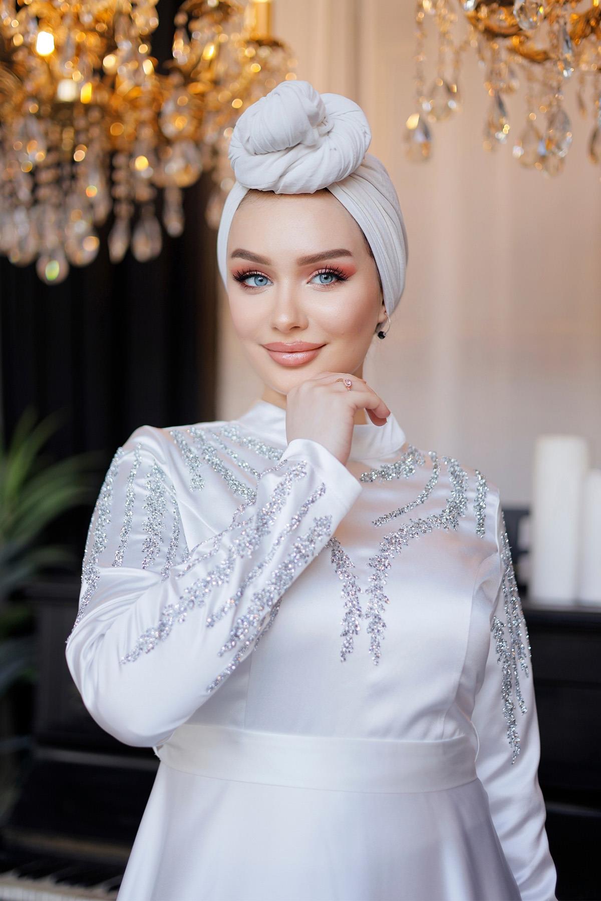 Tesettür Asil Saten Abiye EkruLP6032