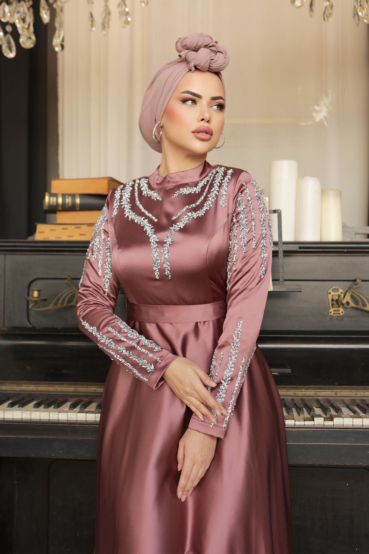 Tesettür Asil Saten Abiye Gül KurusuLP6032