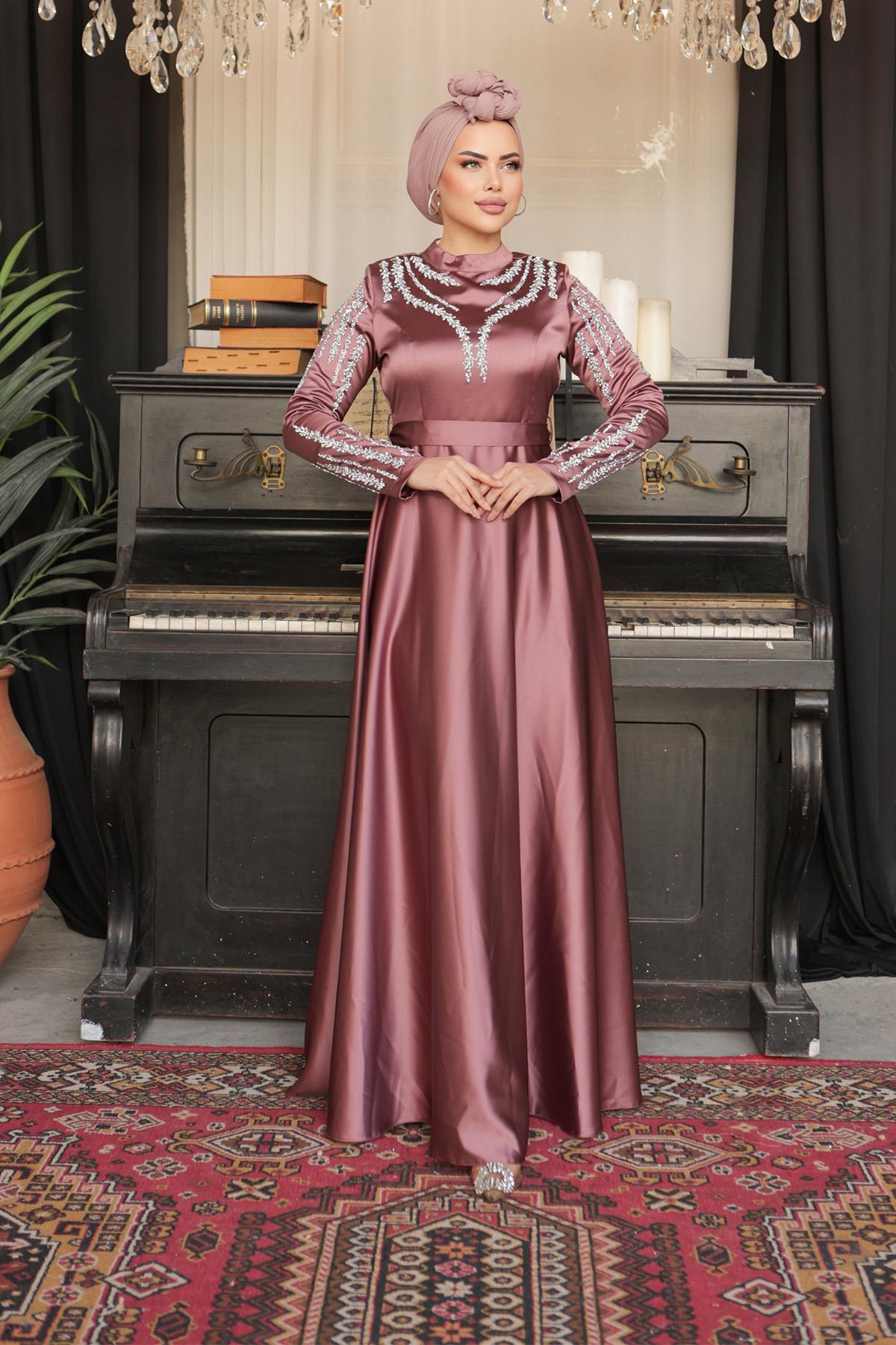 Tesettür Asil Saten Abiye Gül KurusuLP6032