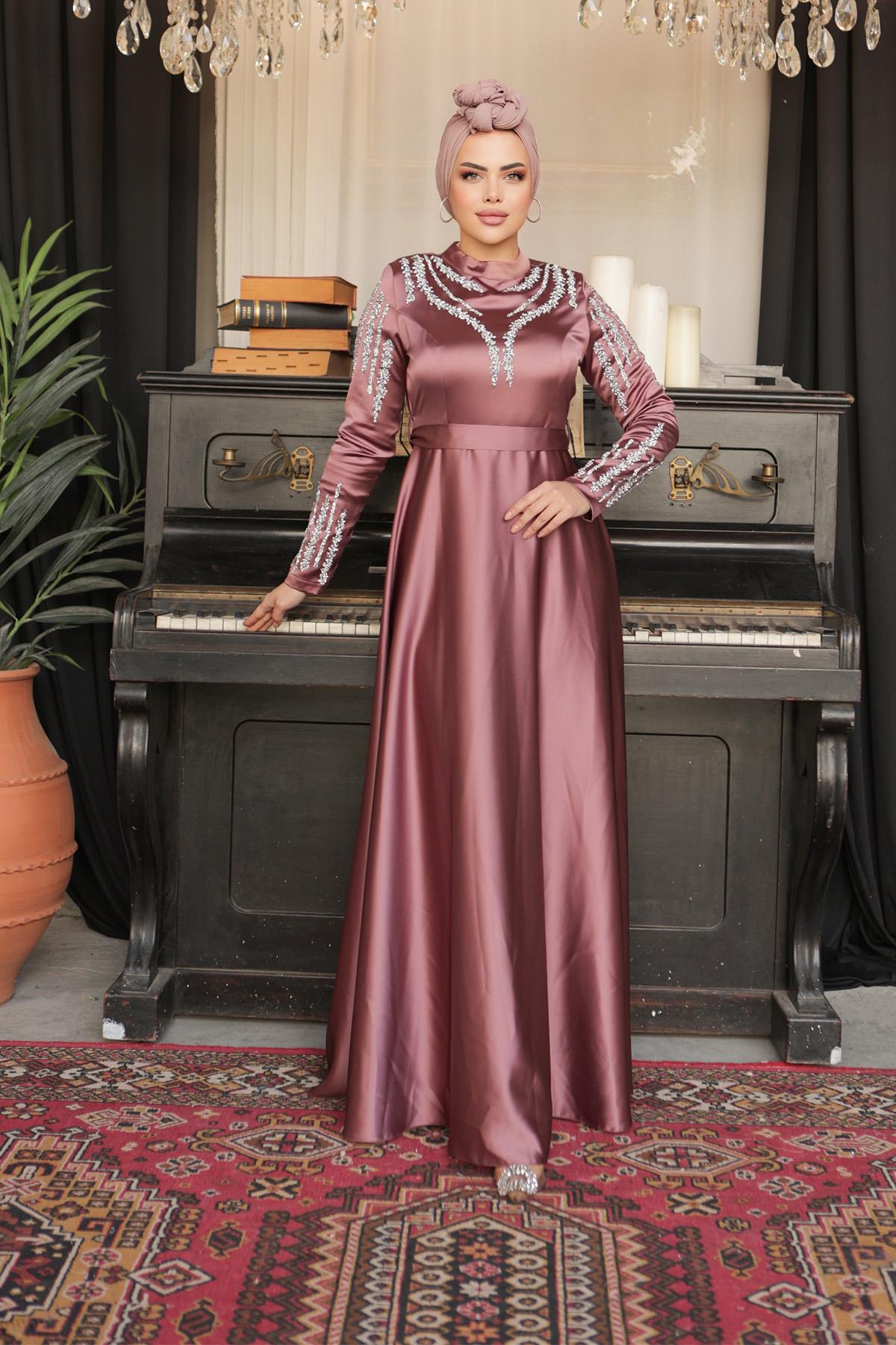 Tesettür Asil Saten Abiye Gül KurusuLP6032