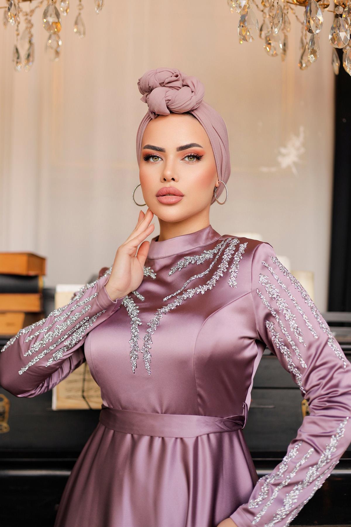 Tesettür Asil Saten Abiye LilaLP6032