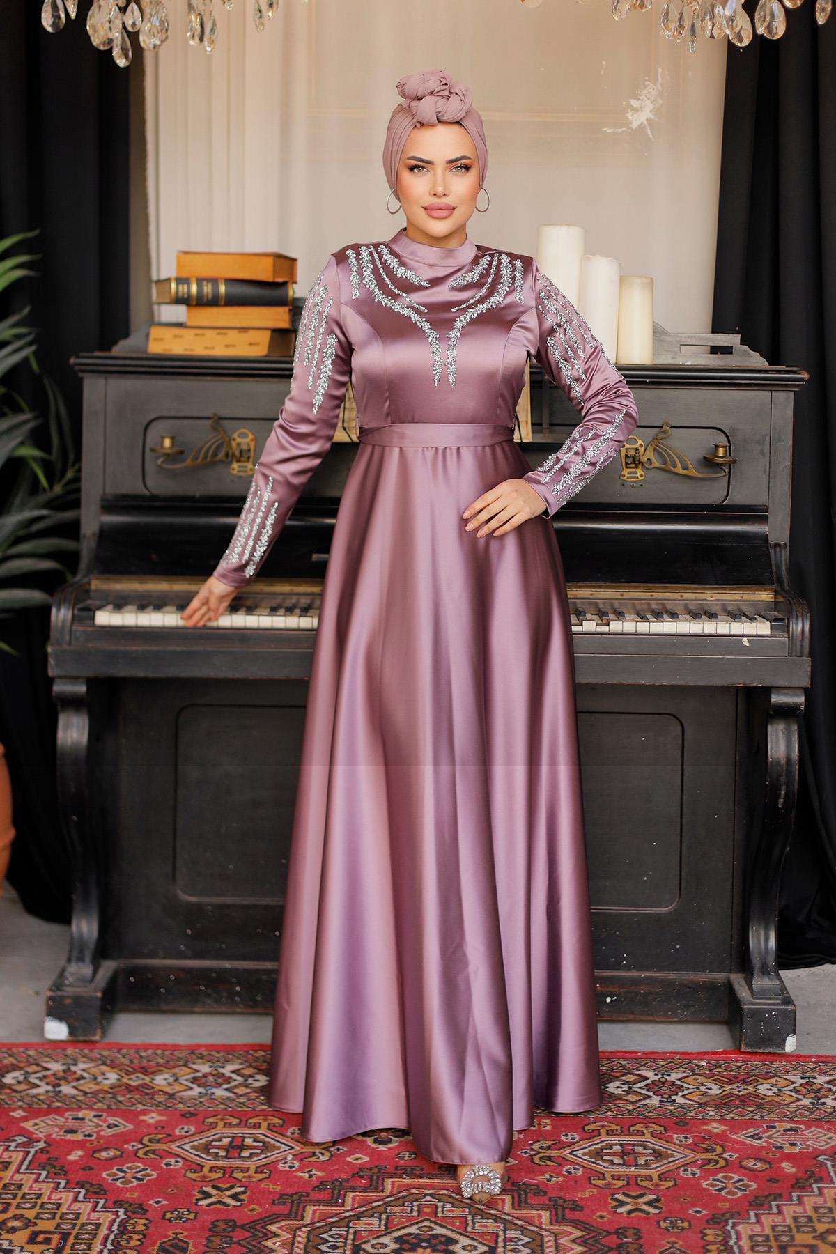 Tesettür Asil Saten Abiye LilaLP6032