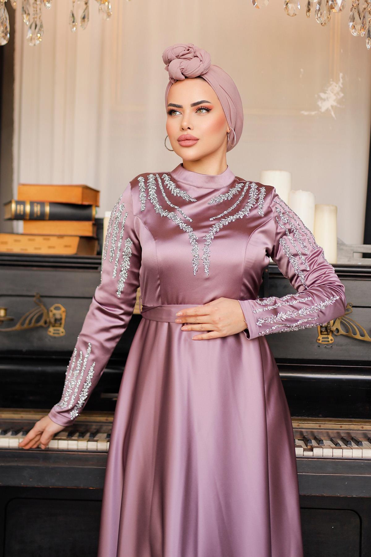 Tesettür Asil Saten Abiye LilaLP6032